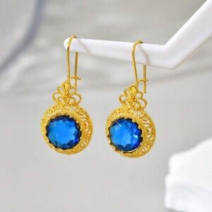 Blue Sapphire, Simulated, Edwardian, Gold Plated Victorian Filigree Earrings